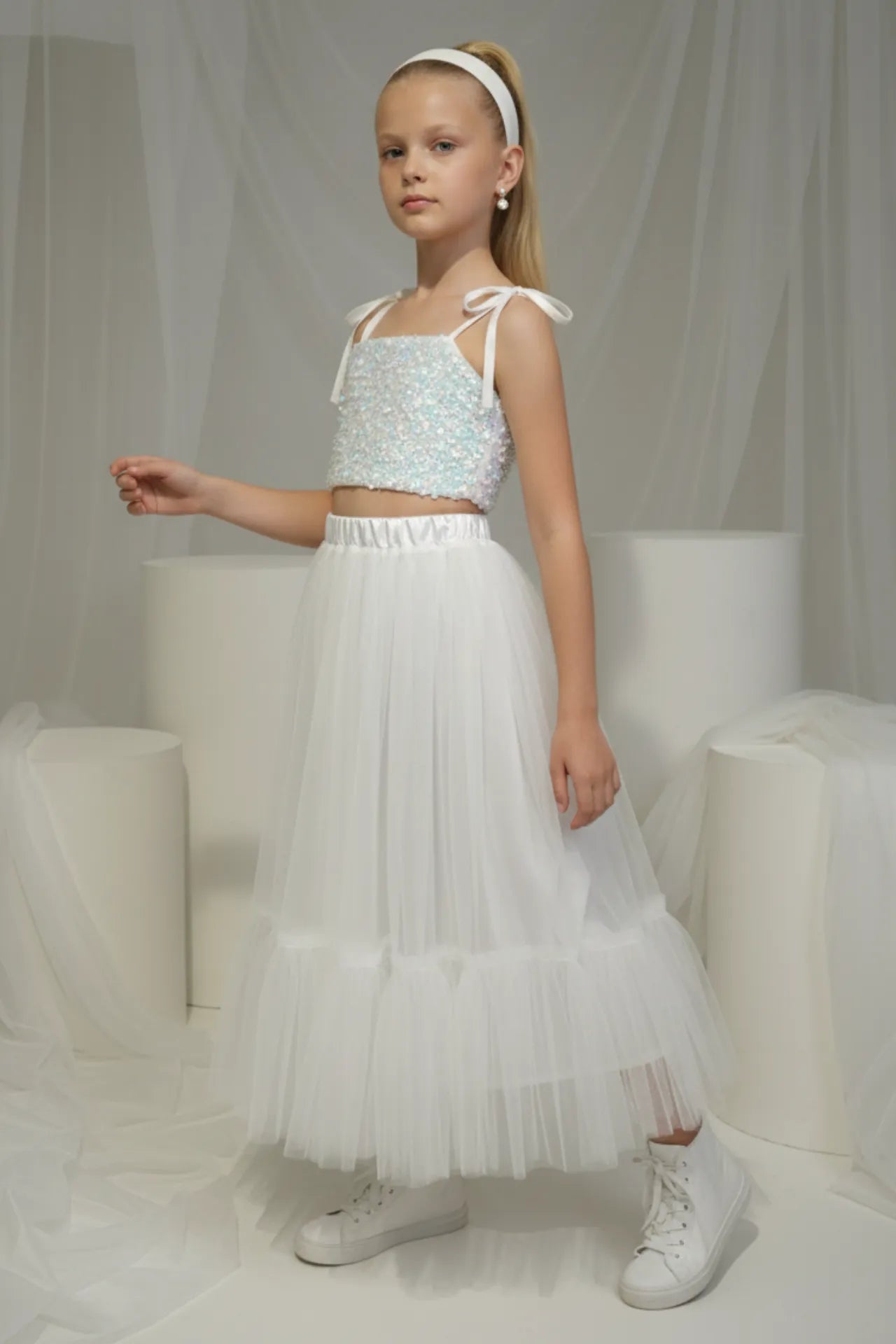 Twinky Kız Çocuk Crop ve Etek Takım - Beyaz