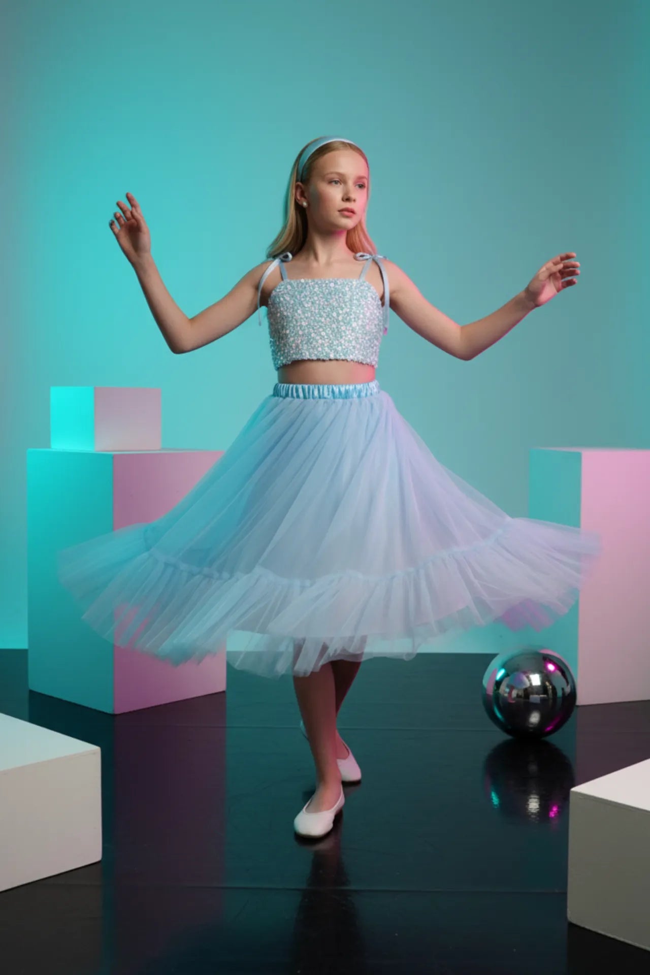 Twinky Kız Çocuk Crop ve Etek Takım - Mavi