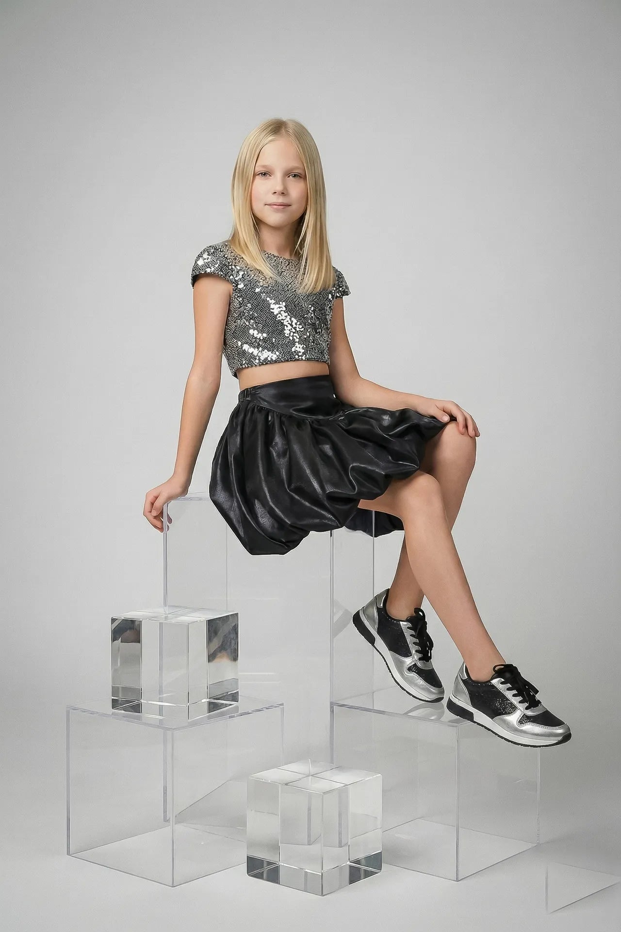 Silver Kız Çocuk Crop ve Etek Takım - Siyah / Gümüş