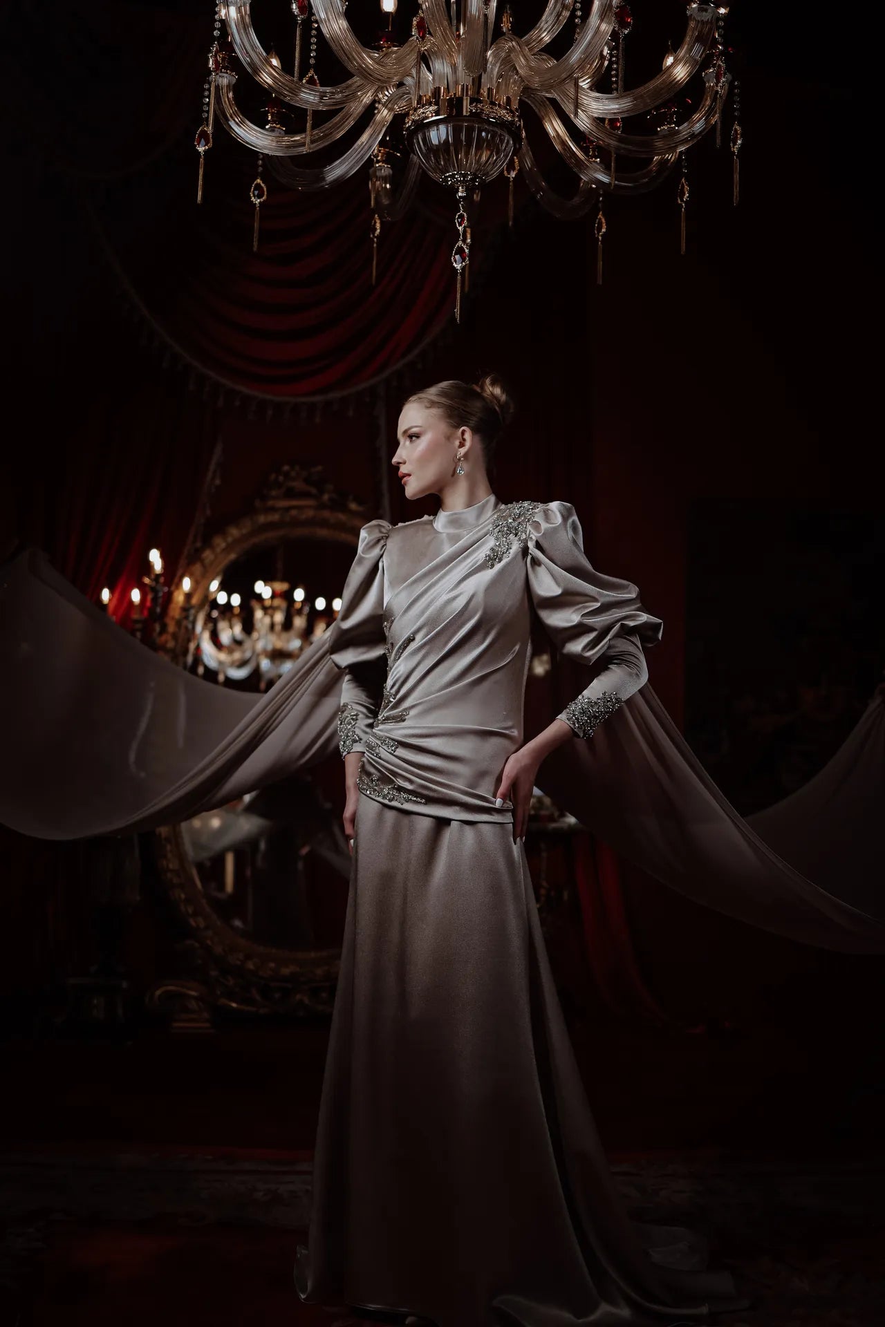 Moonlit Majesty Kasnak İşi Drapeli Tesettür Abiye | Kiralık