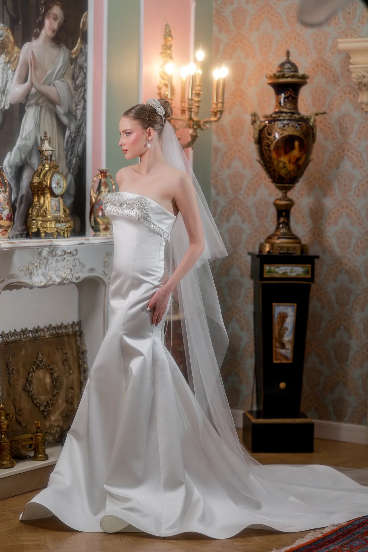 Luna Elegance Taş İşlemeli Straplez Saten Gelinlik | Kiralık