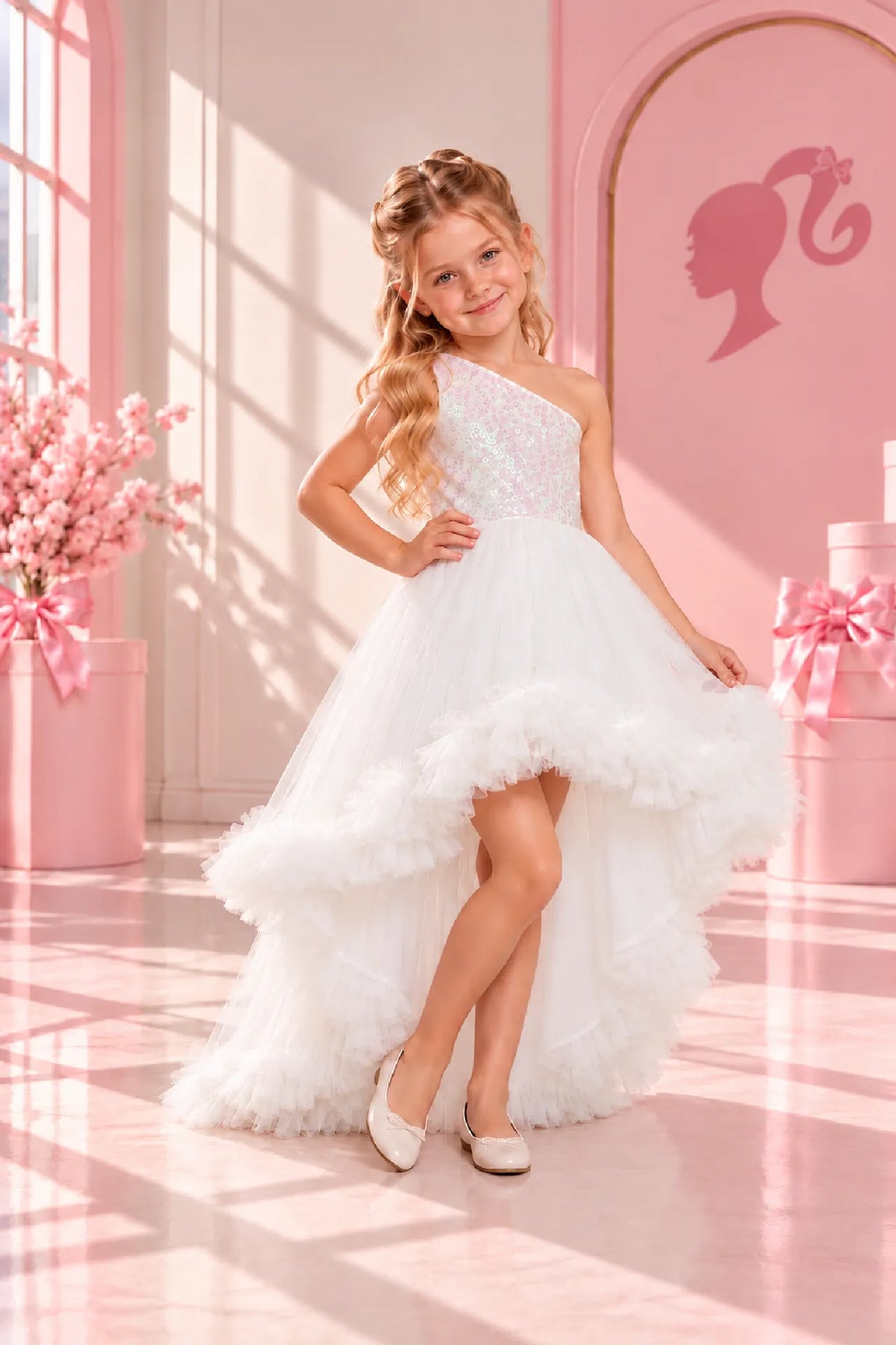 Barbie Swan Kız Çocuk Abiye Elbise - Beyaz